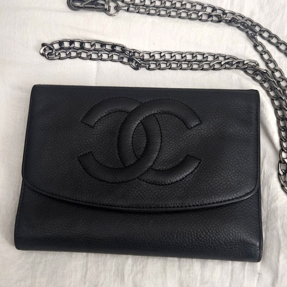 Authentic Chanel Black Lambskin Wallet On Silver Chain Vintage - Picture 10 of 10